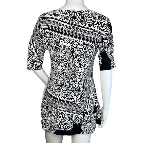 White House Black Market Shirt Womens XSmall Black White Scroll Tunic‎ Top Retro - Picture 4 of 7
